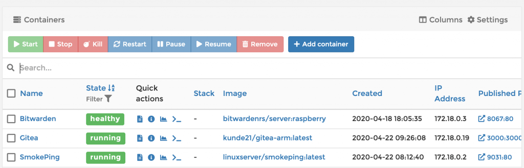 Portainer Containers Screen